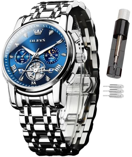 OLEVS Mens Watch, Chronograph Quartz Stainless Steel Dress Watches for Men, 3ATM Waterproof Luminous Hands, Multi Functional Casual Wrist Watches with Link Adjustment Tool