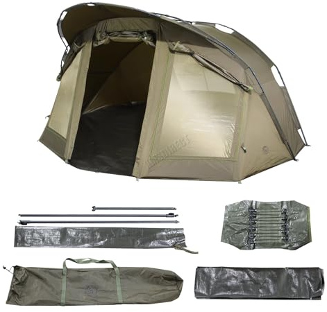 CARPZILLA Fishing Bivvy 2 Man With Door And Windows Waterproof 210D PU Aluminum Frame Portable Outdoor Shelter Camping Fishing Tent Shelter Carp Gear Equipment Ground Sheet Carry Bag 14 T Pegs Green