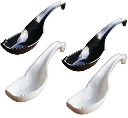 4 cucchiai da mangiare, 2 in 1, per ramen, noodle, zuppa, zuppa, con forchetta, multiuso, cucchiai creativi (2 neri + 2 bianchi)