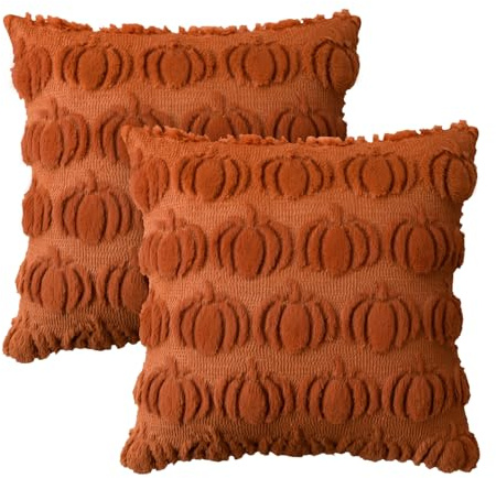 AVOIN colorlife Fall Pumpkin Caramel Throw Pillow Covers, 18 x 18 Inch Autumn Thanksgiving Harvest Soft Plush Faux Fur Jacquard Cushion Case Decoration for Sofa Couch Set of 2