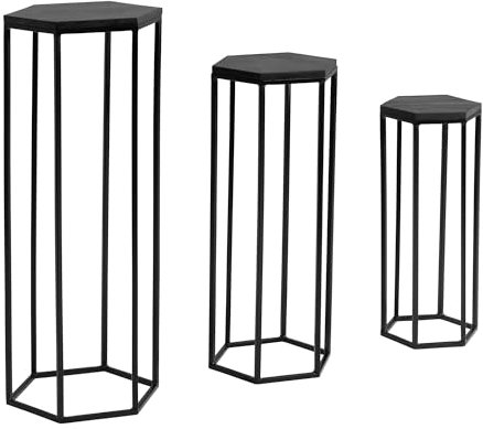 KADIMA DESIGN Beistelltisch 3er Set Mango Massivholz / Metall Satztisch Sechseckig | Säulentisch Pflanzentisch 3-teilig Schwarz | Blumenständer Blumentisch Wohnzimmer | Pflanzenhocker