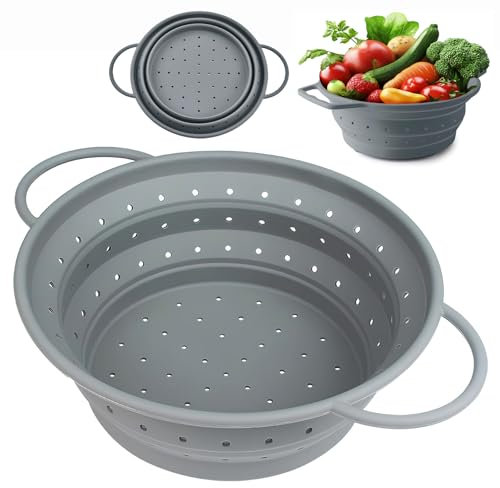 Scolapasta Silicone Pieghevole con Manico, Colino Setaccio da Cucina per Pasta, Verdura e Lavaggio, Cestino Drenante Collapsible, Setacci da Cucina per Pasta, Frutta, Verdura, 26 cm (Grigio)