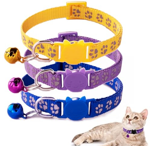 GXGM 3 Pezzi Collare Gatto Antistrozzo con Fibbia di, Sicurezza e Campanello, Regolabile Collare per Gatti, Sicuro Nylon Accessorio per Animali Domestici, Personalizzato (Blu Viola Giallo)