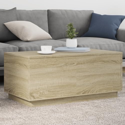 HaoChrymec Couchtisch mit RGB-LED-Leuchten, Sonoma-Eiche, Höhenverstellbar, 90 x 50 x 40 cm, Holzwerkstoff, Modernes Design für Wohnzimmer, Beistelltisch