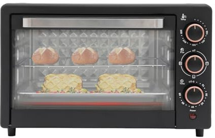 ‌Elektrischer Backofen 22L (1000W) Minibackofen mit Glasfront,4 Heizstäben,Temperaturregelung 120-250°C,Timer 60 Min,für Pizza,Brot,Grillen & Backen(Schwarz)
