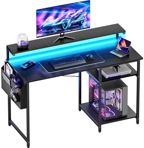 HLONONE Gaming Tisch mit LED und Monitorständer, Schreibtisch mit Stauraum | Computertisch mit Regal & Aufbewahrungstasche, Stabiles Metallgestell, für Arbeitszimmer und Schlafzimmer, 120 cm, Schwarz