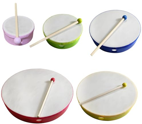 Generic Colección de tambores de mano, 5 piezas de piel sintética acompañados de baquetas, tamaños 4/6/8/10/12 pulgadas, forma redonda atemporal, tintes radiantes