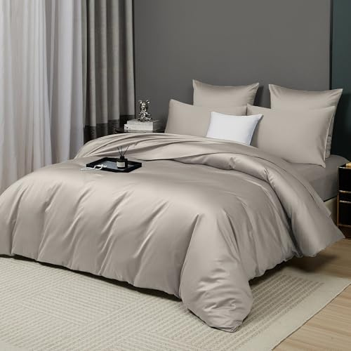 YASMENG 100% Long-Staple Cotton Sateen Duvet Cover Set Taupe Queen Size 3 Pcs Luxury 600 TC Organic Pure Cotton Durable Hotel Quality Bedding Set Soft Silky Satin Smooth Comforter Cover