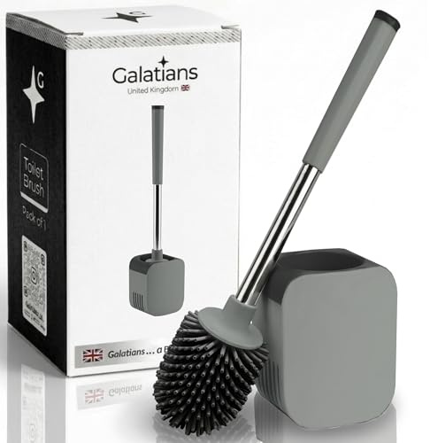 Silicone Toilet Brush and Holder Set | Freestanding or Wall Mounted Loo Brush | Hygienic TPR Bristles with Hidden Tweezers | Grey | Galatians®