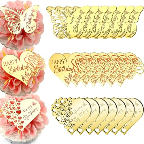 AiQi Bakes Happy Birthday Acrylic Cupcake Toppers, 21 Pieces | Gold Mirror, Butterfly Rose Heart Design, Birthday Cake Toppers, Party Suppliers