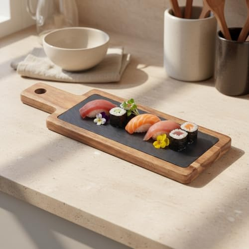 Santa Clara | Bandeja de Pizarra con Base y Mango de Madera Acacia 40x12x1,5cm, Fuente de Servir Comida Gourmet Rectangular para Aperitivos, Quesos y Tapas, Bandeja Presentación para Cocina