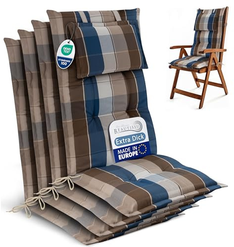 Beautissu 4er Set Gartenstuhlauflagen Hochlehner Sitzpolster robuster Stoff | 120x50cm Braun Blau Kariert 7cm Polster Sitzauflagen Gartenmöbel UV-Lichtecht Gartenstuhl Auflagen Stuhlauflage HighLux HL