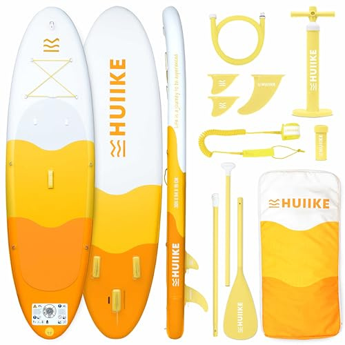 HUIIKE Stand Up Paddle Board 10' och upp till 130 kg med Tillbehör Ingår | Kan Omvandlas till Kajak. Uppblåsbar SUP-Bräda Hög Stabilitet och Motståndskraft med Paddel, Pump, Fenor, Leash och Ryggsäck