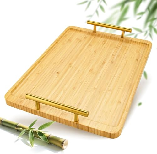 Vassoio da Portata in Bambù Con Manici,40x29x2 CM,Vassoio in Bambù per Cucina,Vassoio Da Pranzo per Colazione Vassoio Da Portata Per Caffè Vino Caffè Tè Frutta Pasti
