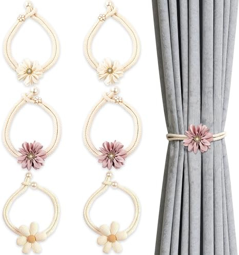 YinnFeen 6 Piezas Alzapaños para Cortinas, Boho Abrazaderas Cortinas con Flores, Ajustables Elásticos Sujeta Cortina Alzapaños Decorativos para Dormitorio Oficina Salón Cortina