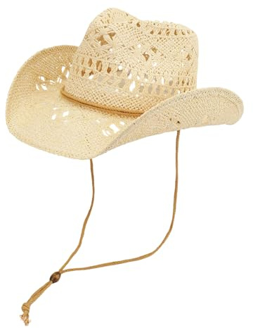 YILEEGOO Adult Western Straw Cowboy Hat, Breathable Cutout Wide Brim Cowgirl Cap with Adjustable Chin Strap for Summer