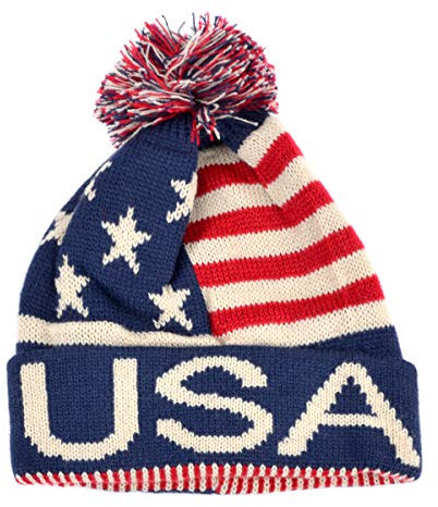 Selini New York USA Winter Hat - Knit, Cuffed Beanie with Pom Pom, USA Flag Design, Warm Fun for Cold Days