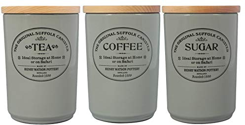 Henry Watson - Airtight Tea Coffee Sugar Canister Set - Dove Grey, Made in England - 11cm x 16cm The Original Suffolk Collection. …