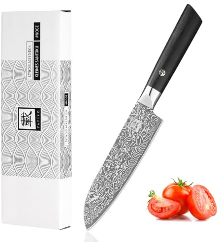 zayiko Black Edition kleines Santokumesser 13 cm, 67 Lagen Damaststahl | VG10-Kern, dunkles Finish, Pakkaholzgriff, beidseitiger 15° V-Schliff, 60 ± 2 HRC, für Links- und Rechtshänder, Geschenkbox