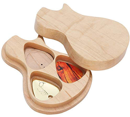 Ahornholz Gitarre geformte Pick Case Holzgitarre Pick Box Plektrum Box mit 3 Picks Plektrum
