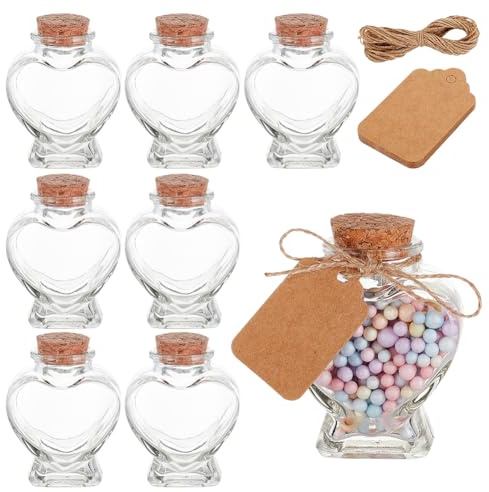 BENECREAT 8 Pack 60ml Heart Shaped Glass Favor Jars with Cork Lids, Label Tags and String for Candy, Spices Snacks Storage, Home Party Decortaion