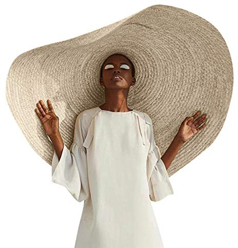 Soleil de Plage, Chapeau de Soleil Large Disquette Bord UV Protection, Chapeau de Paille Grand Bord, Dames Femmes - Beige