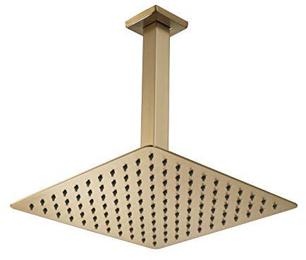 SHUGUANG Regendusche Duschkopf Quadrat 10 Zoll Kopfbrause Gebürstetes Gold Duschkopf Regenbrause Hochdruck Deckenmontage Brausekopf mit Anti-Kalk Düsen, 304 Edelstahl Einbauduschköpfe mit Brausearm