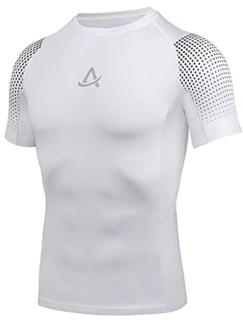 AMZSPORT Herren Kompressionsshirt Kurzarm Sportshirt Schnelltrocknend Laufshirt Funktionsshirt, Weiß Size L