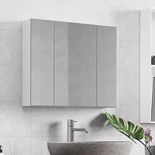 Yaheetech Armoire Murale Salle de Bain, Placard de Rangement Toilettes, avec 3 Portes 3 Miroirs, 2 Niveaux, Étagère Hauteur Réglable 70,5 x 15 x 60,5cm