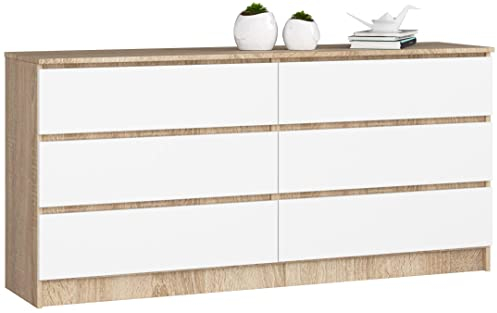 AKORD Kommode K-160 mit 6 (2 x 3) Schubladen | für das Wohnzimmer Schlafzimmer Schrank Büro Arbeitszimmer | Modernes Funktionales Design | B160 x H77 x T40 cm, Gewicht 70 kg | Sonoma Eiche/Weiß