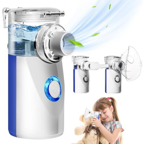 BIAOQINBO Nebulizador Portatil, Inhalador Nasal, Nebulizador con Boquilla y 2 Máscaras para Bebe Niños Adultos, Atomizador Ruido Bajo Silenciosos Ultrasónico (Azul)