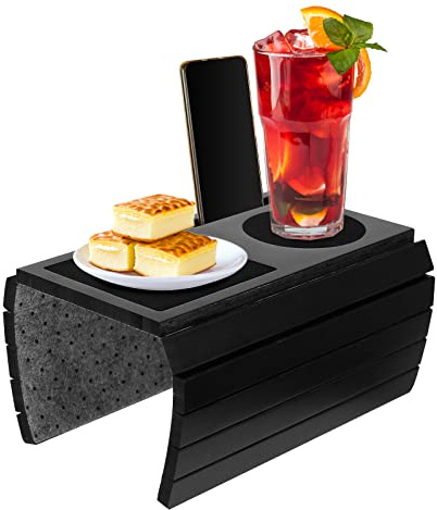 EUNEWR Bamboo Sofa Arm Tray Table With Anti-Slip, Flexible Foldable Armrest Tray for Drinks, Snacks, Remote Control or Phone (Black)