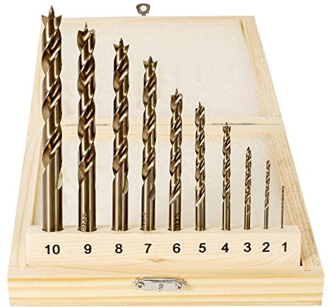 STIER Holzbohrer-Set HSS Cobalt 10-teilig, Alle Größen von 1 bis 10 mm, High Speed Steel, mit Zentrierspitze, in praktischer Holzbox, für jede Art von Lochbohrungen