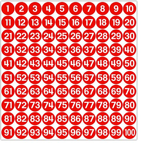 GamesMonkey® - Etiketter med nummer cirklar - röd - 1 till 100 - (100-500 - 2500 st)(10-25 mm) vattentät vinyl - på varandra följande lager (10 mm - 1,0 cm, 100 stycken - 1 ark)