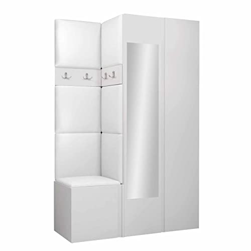 Mirjan24 Garderoben-Set Monati XXVI, Kleiderschrank mit Spiegel, Schuhschrank, 4 Doppelhaken, Kleiderhakenbrett, Gepolstertes Paneel/Wandpaneel, Flurgarderobe Wandgarderobe (Weiß, Soft 017)
