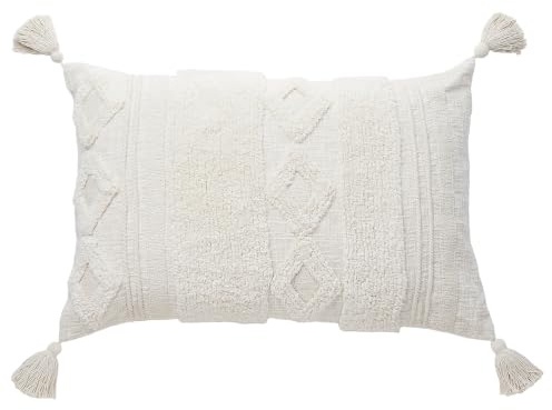 BUTLERS Dekokissen 50x50 cm Baumwolle - Formentera - Boho Stil | Farbe Beige - Zierpolster für Couch - Couchkissen für Wohnzimmer - Ethnomuster mit Troddeln