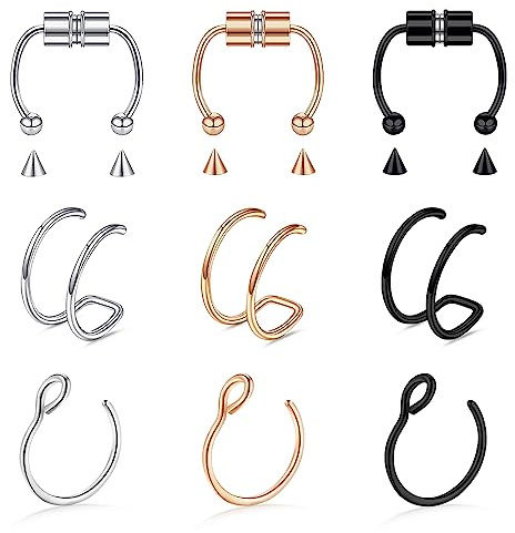 Kucheed 9 Pezzi Anelli al Naso Finti, Anello da Naso a Doppio Cerchio Falso con Setto Magnetico,Anello al Naso Finto Hoops Anello del Setto,Helix Cartilagine Piercing Gioielli per Donna Uomo
