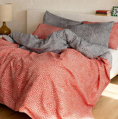 LERUUM Housse de Couette 200x200 Coton – Réversible À Pois Orange Gris | Parure de Lit 2 Personnes avec Taies 65x65