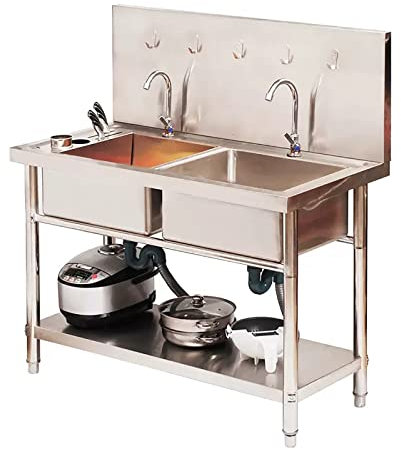 FACSER Lavello Cucina 2 Vasche，Lavandino da Esterno，Lavello in Acciaio Inox Autoportante ，Lavello da Pranzo Mobile Commercialeper， per Cucina Singola per Garage Ristorante Lavanderia
