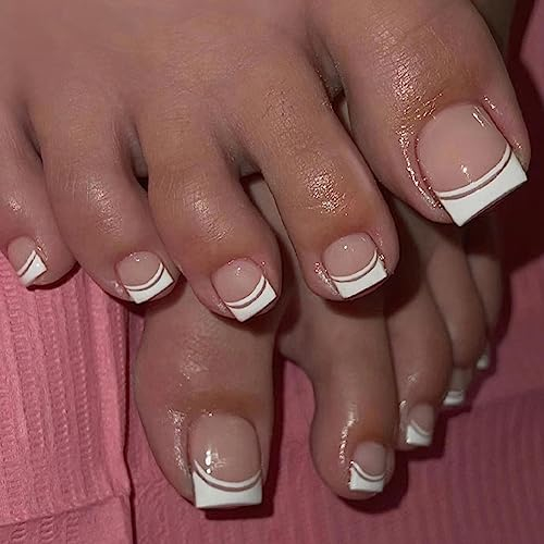 Handcess Französische falsche Zehennägel, hautfarben, Pink, zum Aufdrücken, glänzend, volle Abdeckung, Acryl, Zehennägel, Kunstspitzen für Damen und Mädchen, 24 Stück