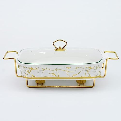 Plateaux chauffants rectangulaires en porcelaine pour aliments, réchauds en céramique et ensembles de chauffe-buffet, ensemble de buffet en céramique, plats de service plaqués or (1.2L)