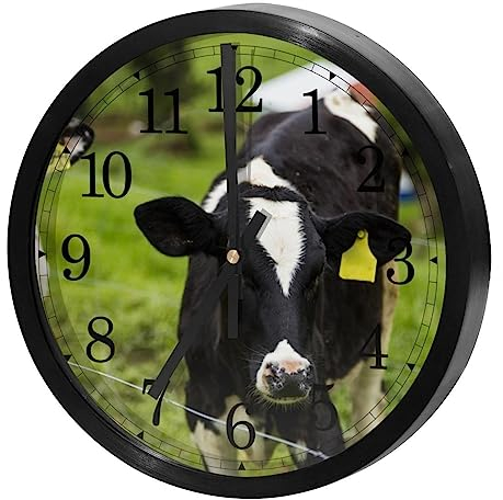 VAPOKF Reloj de pared silencioso de cuarzo sin tictac, funciona con pilas, relojes de pared redondos para el hogarcocinaoficinaescuelasalon, becerro, vacas lecheras jóvenes, pasto verde