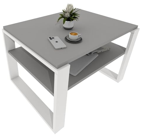CraftPAK Wohnzimmer Tisch für Couch aus hochwertigem Holzwerkstoff, Stabiler & moderner Couchtisch mit zusätzlicher Ablagefläche, Model Kaja 63, Farbe Grau-Weiß