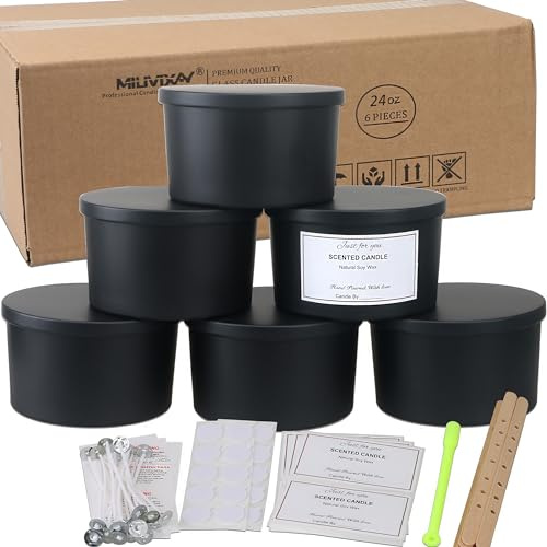 MILIVIXAY 6 x 680 ml Kerzengläser Mit Metalldeckel und Kerzenherstellungs-Kits - 3 Docht-Gläser, Leere Mattschwarze, Dicke Glas-Behälter für Große Kerzen - Gewürz-