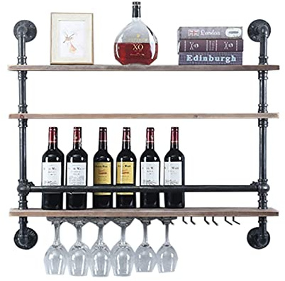 Queeucaer Industrial Pipe Shelf Wine Rack Wall Mounted,3-Tiers Rustic Floating Bar Shelves Wine Shelf,Steam punk Pipe shelving Glass Rack Wall Mounted with Glass Bottle Holder,92x20x89cm,36inch