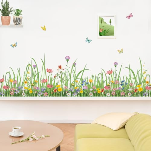 wondever Wandtattoo Grüne Gras Wandsticker Blumenwiese Wildblumen Bordüre | Abziehen und Aufkleben, Abziehbar, Wandaufkleber Selbstklebend für Schlafzimmer Wohnzimmer Flur Sofa Hintergrund Wanddeko