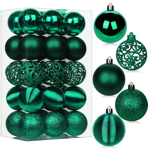 Lot de 30 boules de Noël en plastique incassable avec ficelles - Décorations à suspendre pour sapin de Noël, maison, fête, mariage, vacances - 60 mm - Vert foncé