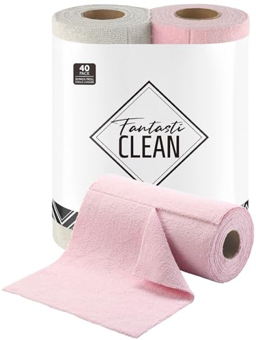 Fantasticlean Kitchen Towels - 40 Sheets - Reusable Washable Dishcloth Rolls, Super Absorbent, Premium Microfiber Cleaning Cloths, 10'' by 10'' (Pink,Grayish)