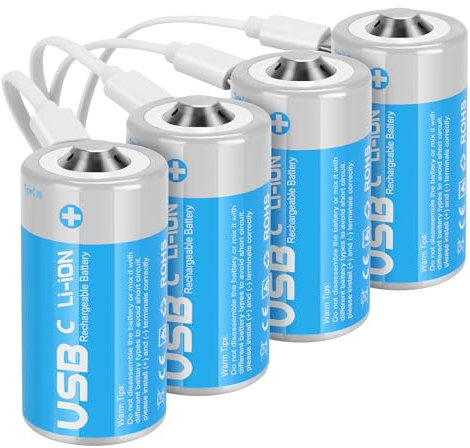Messule - Batterie ricaricabili al litio C con cavo di ricarica USB-C 4 in 1, confezione da 4 batterie agli ioni di litio a celle C, LR14 da 1,5 V C, batteria di ricambio da 4100 mWh per giocattoli di