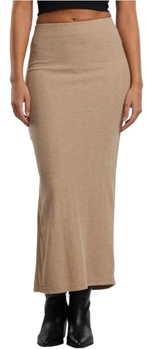 Urban Classics Rock Ladies Rib High Slit kjol, maxikjol med slits, 7/8 längd, smal passform, beigemelerad, L